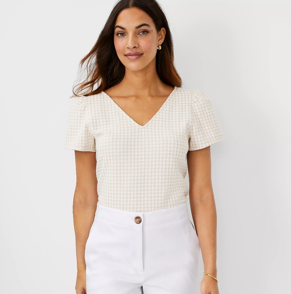 Gingham Flutter Sleeve V-Neck Tee